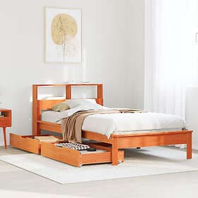 vidaXL Säng med bokhylla utan madrass vaxad brun 90x190 cm massiv furu