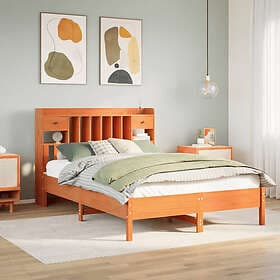 vidaXL Säng med bokhylla utan madrass vaxbrun 135x190cm massiv furu