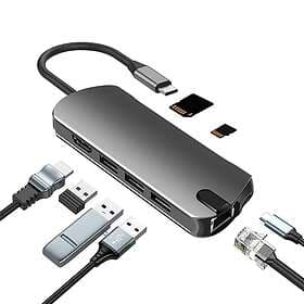 INF 8-i-1 USB-C Hub med USB 3,0, HDMI, RJ45, SD/TF-kortplats, 100W PD-ladd