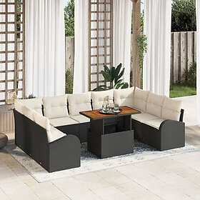 vidaXL 10-Piece Garden Dining Set with Cushions Black Poly Rattan Acacia