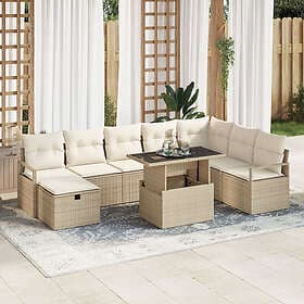 vidaXL 9-delad trädgårdsoff set med kuddar beige poly rattan, 2-sits trädgårdsof