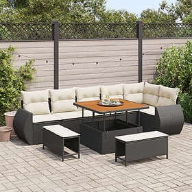 vidaXL 9-delat trädgårdsoff set med kuddar svart poly rattan akacia, 3-delat trä