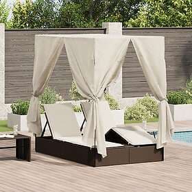 vidaXL Double Sun Lounger with Roof and Curtains Brown Poly Rattan