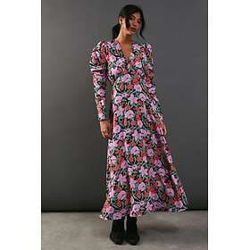 Warehouse Floral Viscose V Neck Long Puff Sleeve Midi Dress