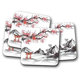 Cherry 4 Set Japanese Scene Coaster Blossom Mountains Snow #12791